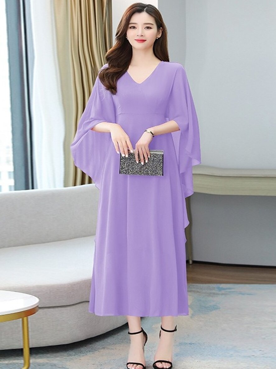 Váy Voan Mùa Hè Mới 2025 Váy Đi Biển Tay Cánh Dơi Váy Dự Tiệc Váy Công Sở Váy Chữ a Cạp Cao Váy Midi Màu Trơn