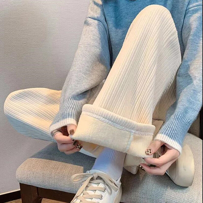 Quần Ống Rộng Chenille Màu Trắng Lót Nhung Quần Thường Ngày Vải Nhung Kẻ Dệt Kim Thân Hình Nhỏ Mẫu Mới Năm 2023 Thu Đông Cho Nữ