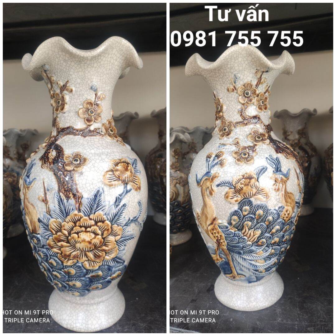 Lọ hoa thờ cúng men rạn nổi vẽ sen_bình bông gốm bát tràng hàng loại 1
