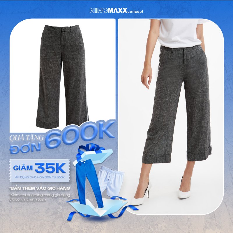 NINOMAXX Quần Tây nữ lửng ống rộng suông màu đen khói vải lanh 1906042