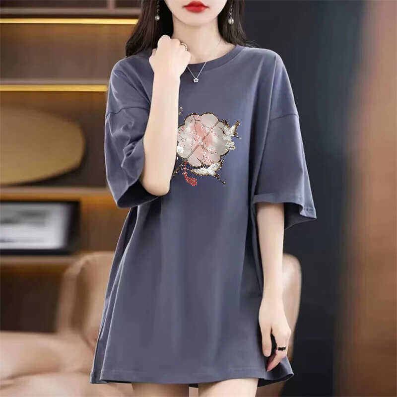 Áo Thun Nữ Tay Ngắn Phong Cách Trung Quốc, Áo Thun in Họa Tiết Mùa Hè, Cổ Tròn, Dài Vừa Phải, Thường Ngày, Tay Ngắn, Trung Tính