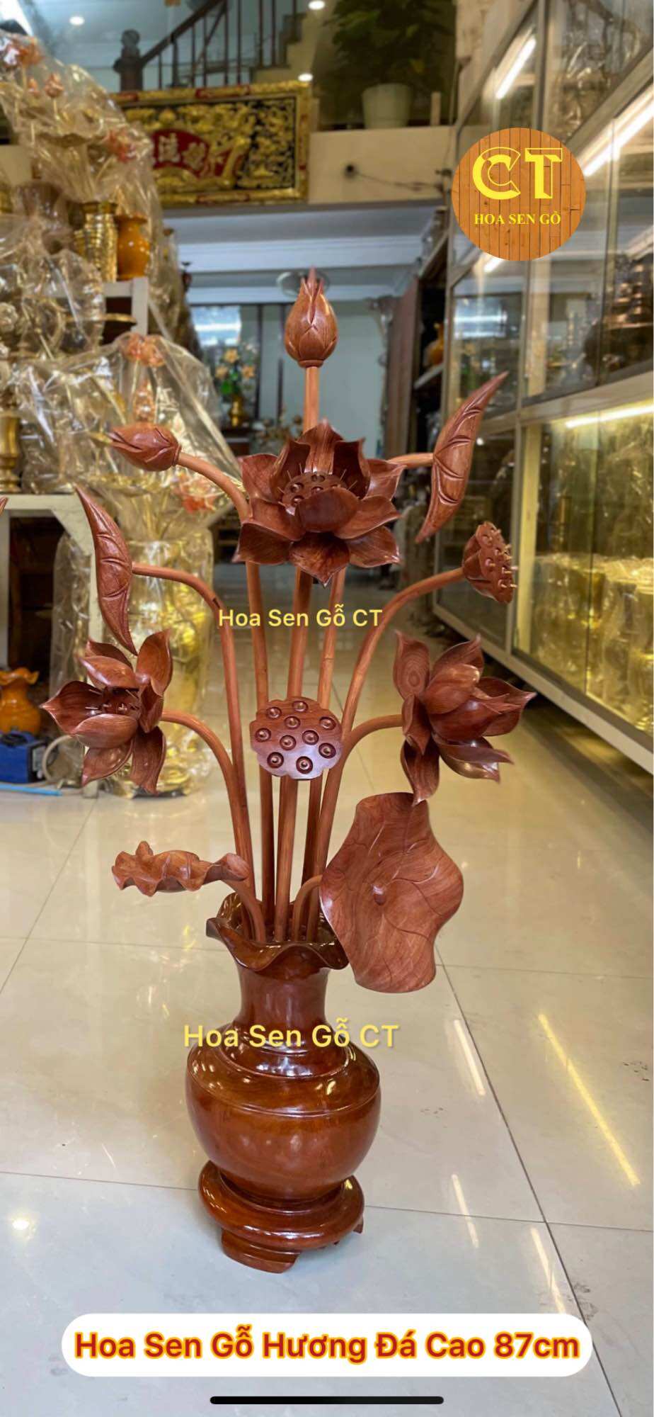 Bình Hoa Sen Gỗ Hương Đá Cao 87cm - 1 Bình
