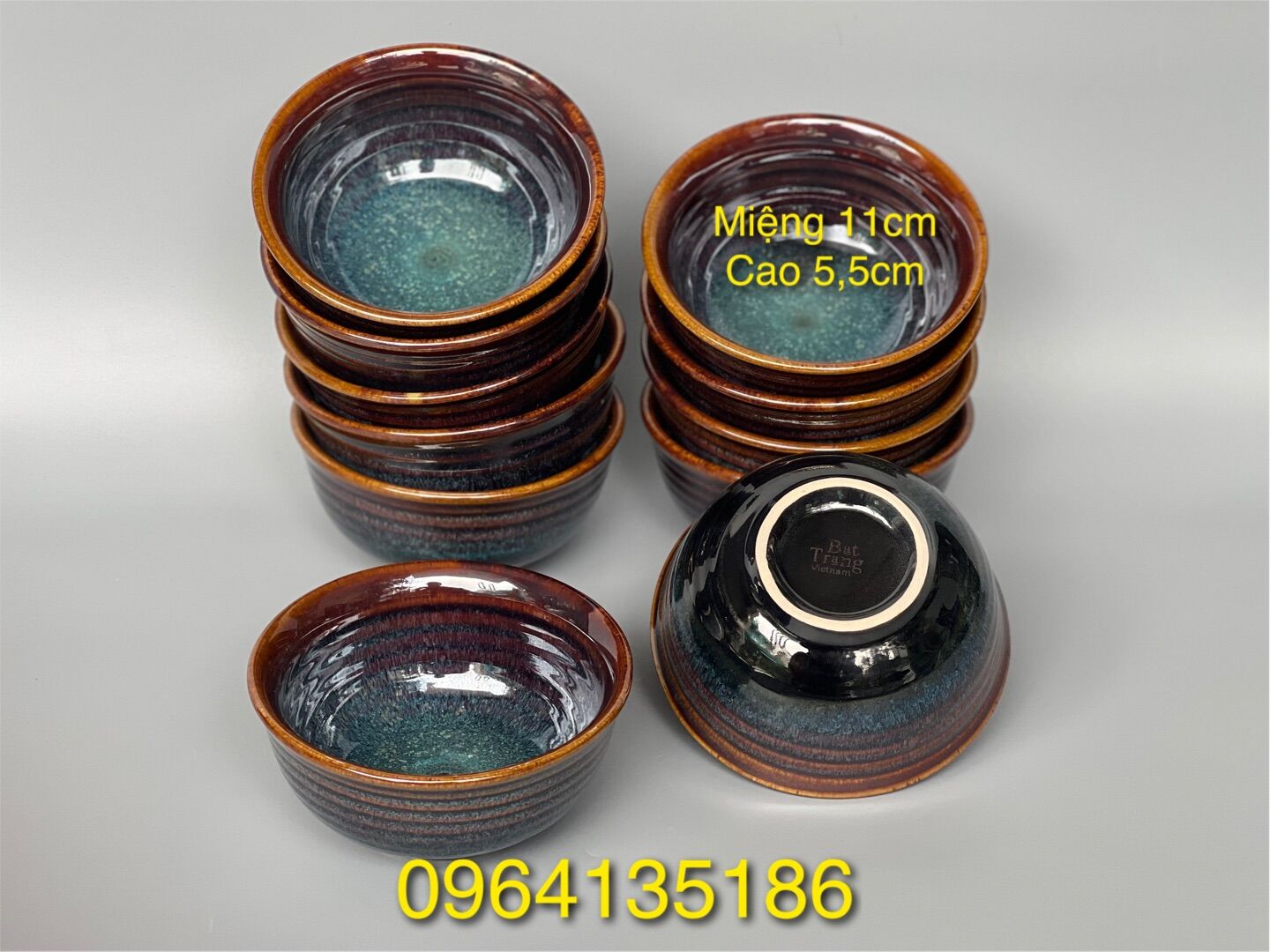 10 bát cơm miệng loe f11cm men hoả biến lam gốm sứ Bát Tràng