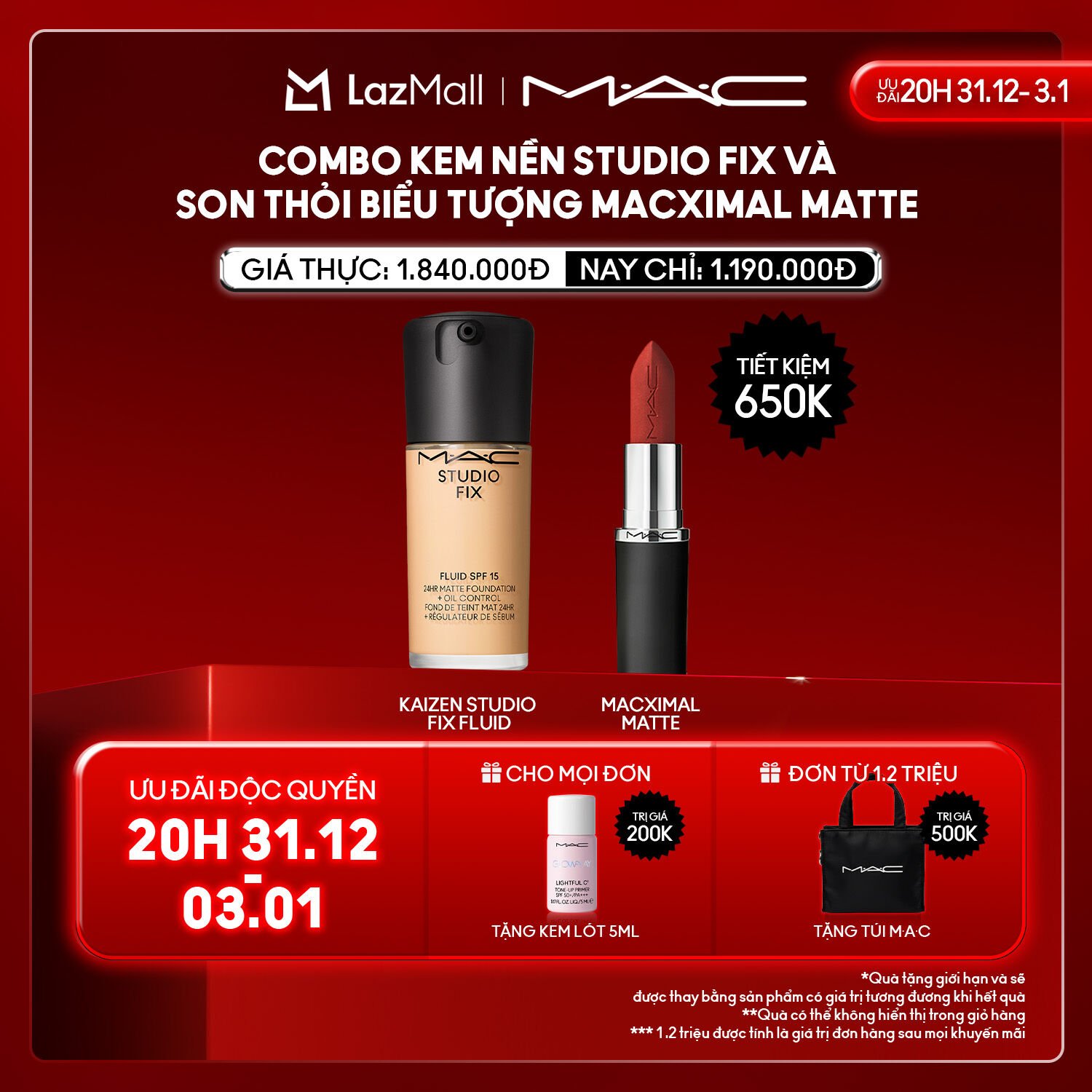   ĐỘC QUYỀN 20H 31.12- 3.1  MAC - Bộ 2 món: MAC Kaizen Studio Fix Fluid SPF 15  Son thỏi lì biểu tượng MACXIMAL Silky Matte Lipstick  - kem nền bán chạy cho lớp nền lì mềm mịn 