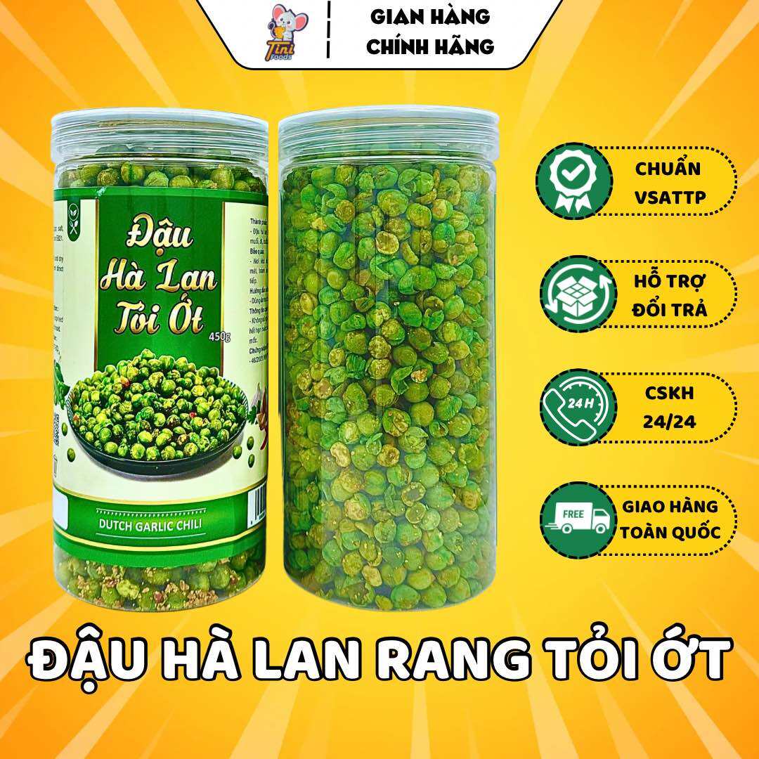 Đậu hà lan rang tỏi ớt loại 1 - lon 450g - đồ ăn vặt