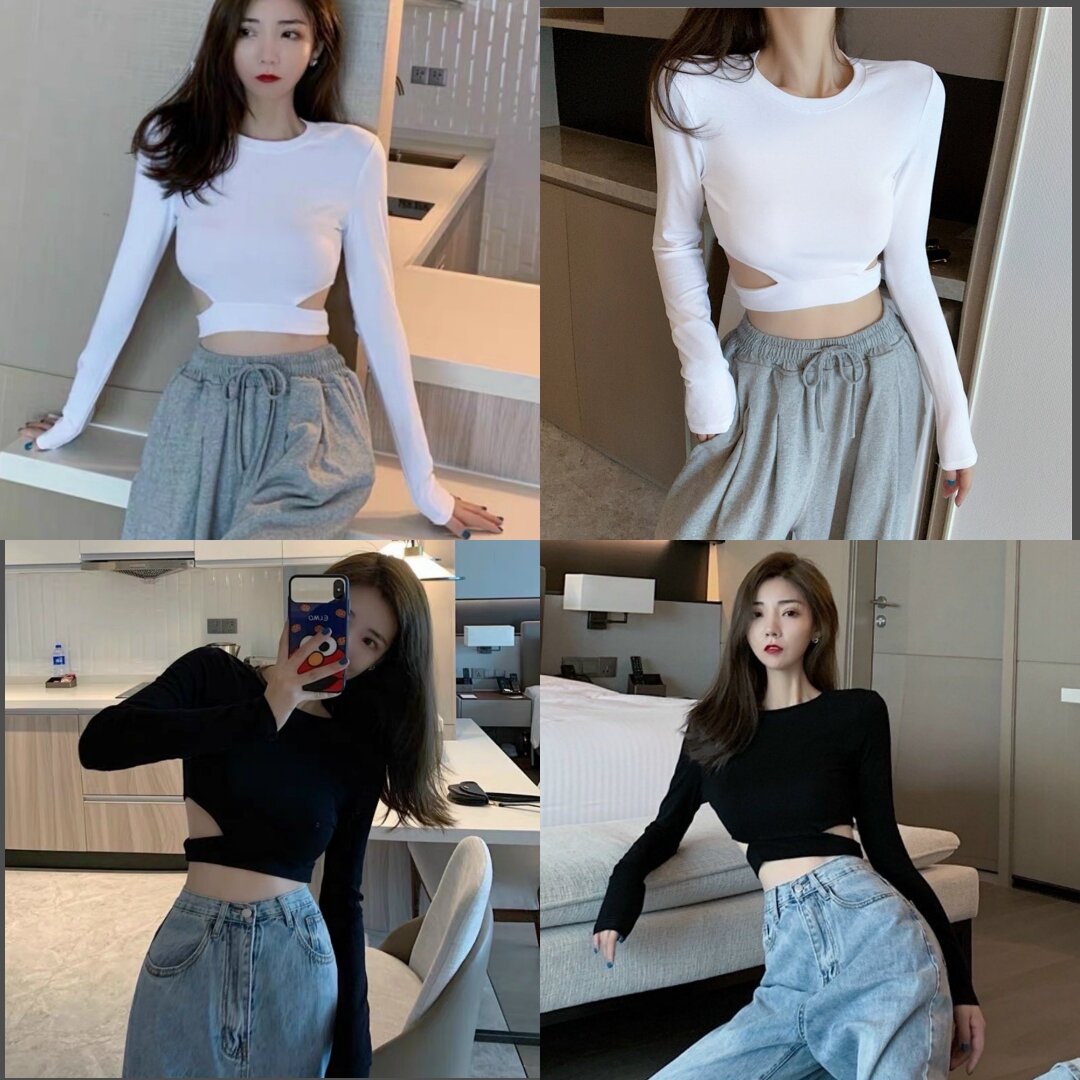 Áo Kiểu Nữ Khoét Eo Croptop Tay Dài Cá Tính