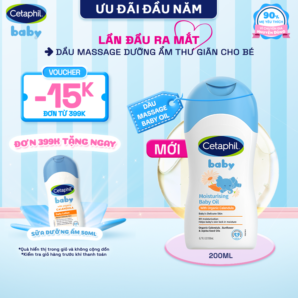  Dầu massage dưỡng ẩm làm dịu da bé với hoa cúc Calendula Hữu Cơ Cetaphil Baby Moisturising Baby Oil With Organic Calendula 200ml 