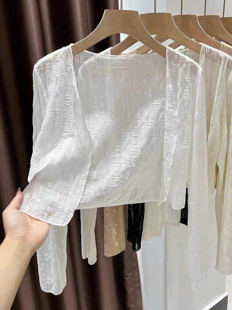 Áo Khoác Lửng Ren Mỏng Hoa Nổi Tay Dài