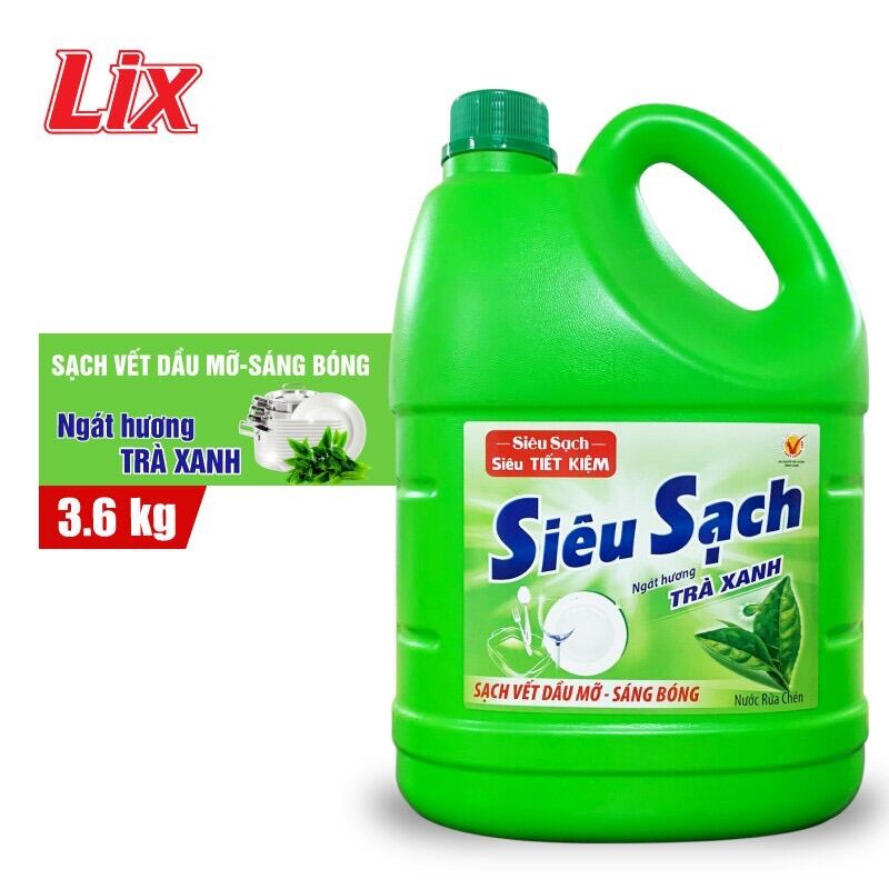 Nước rửa chén lix siêu sạch can 3,6kg can chanh can trà xanh