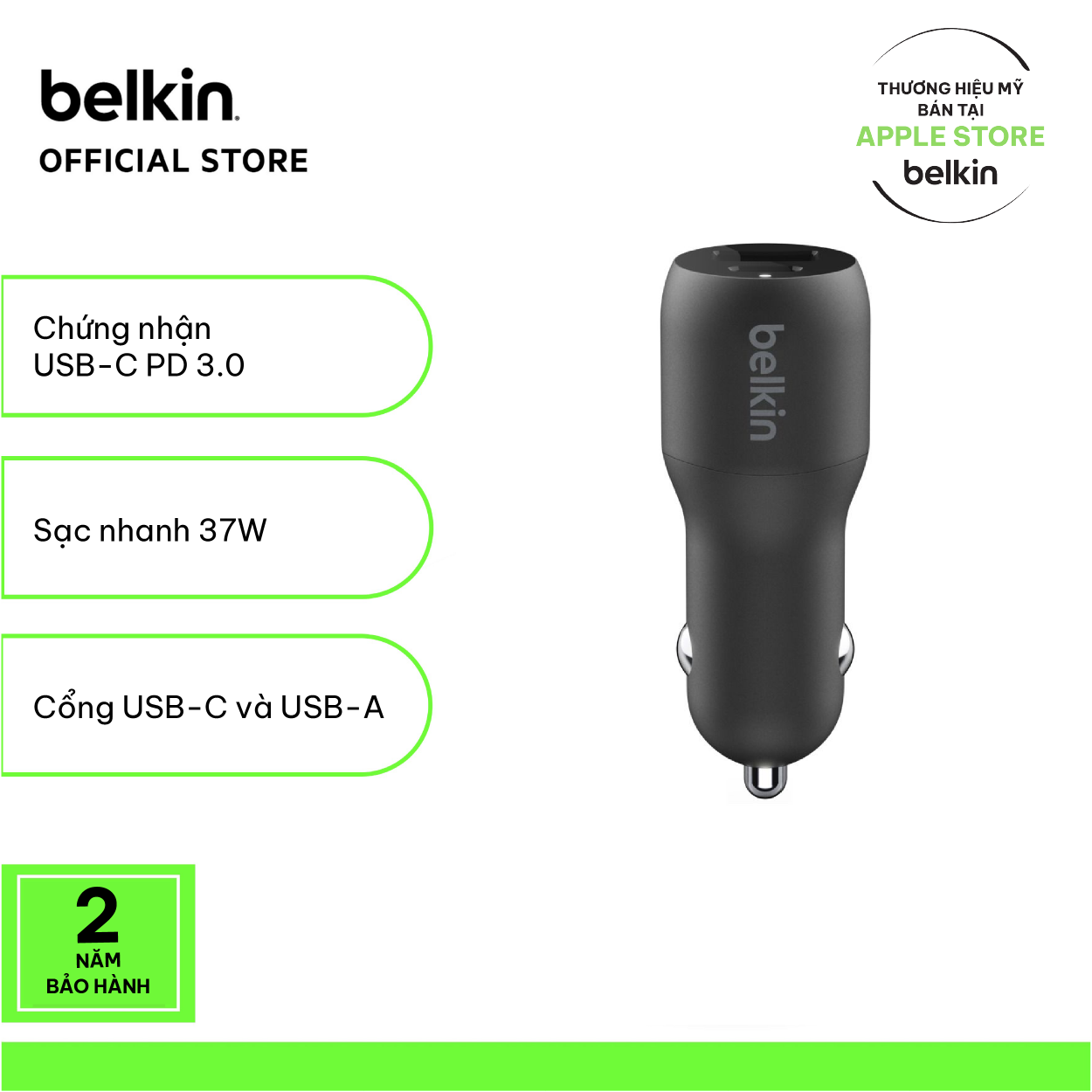 Tẩu sạc nhanh cho xe hơi boostcharge belkin 37w - usb-c pd 3.0 pps 25w + usb-a 12w ccb004