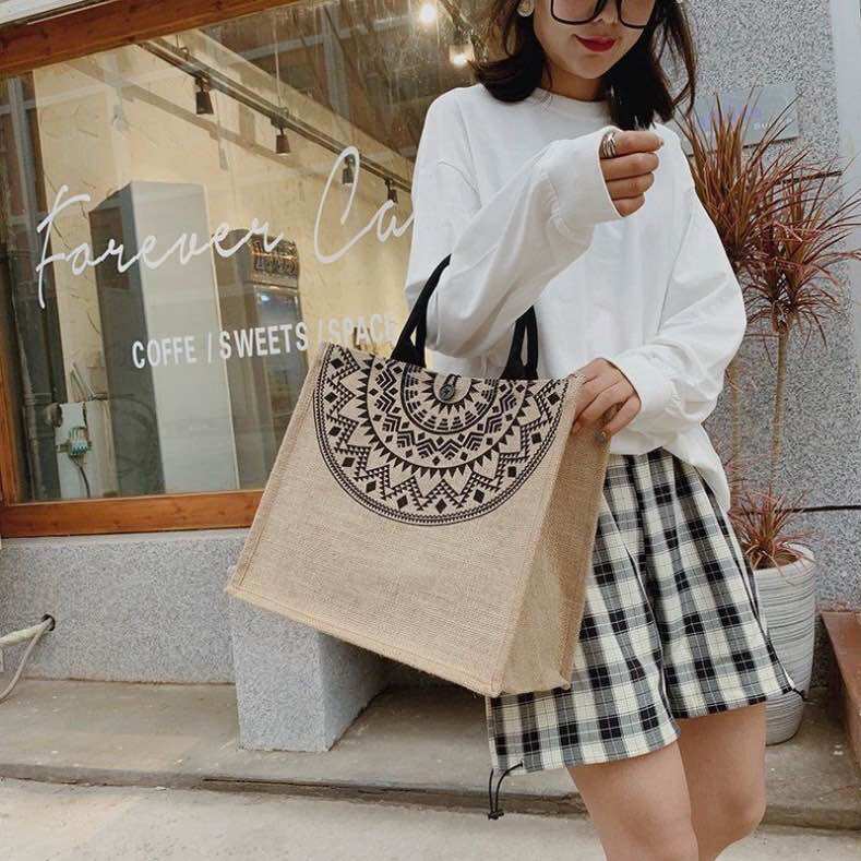 Túi cói du lịch hoạ tiết Thổ cẩm