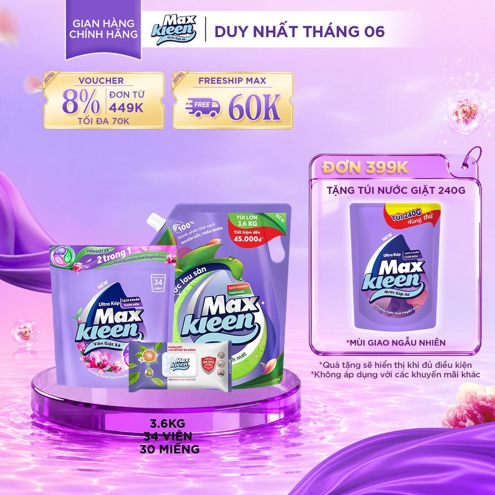 Combo túi viên giặt xả MaxKleen hương huyền diệu + Túi nước lau sàn 3.6kg + Khăn lau bề mặt
