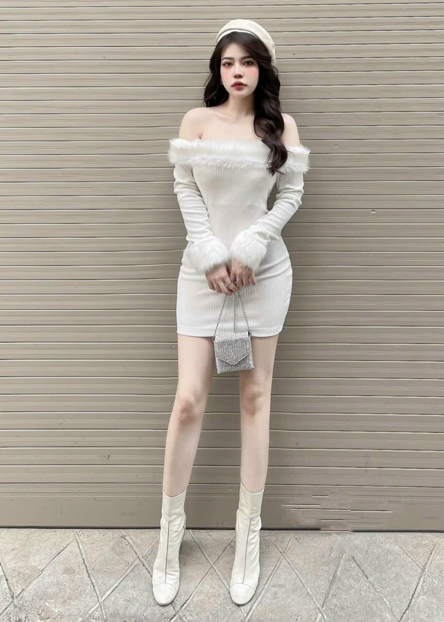 Đầm lông trễ vai