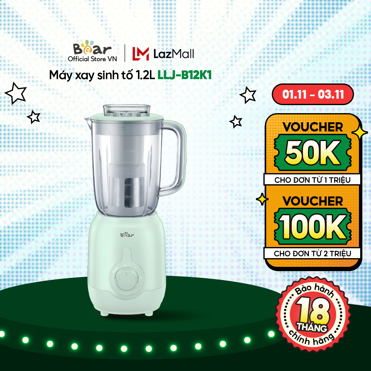 Máy xay sinh tố Bear LLJ-B12K1 1.2L, Xanh Mint - Đa năng và tiện lợi cho mọi nhà