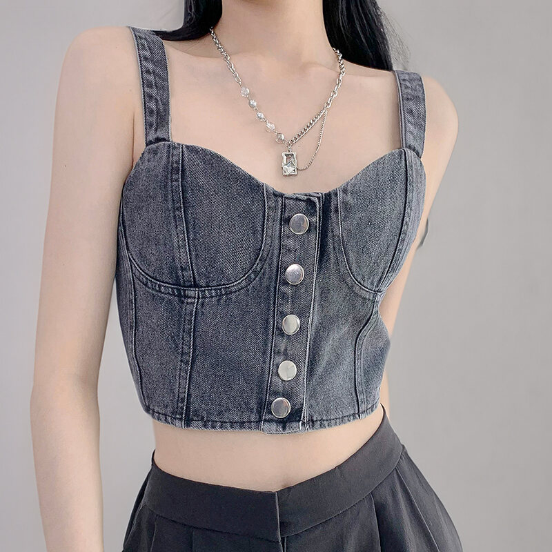 Nữ Vintage Denim Áo Top Slim Fit Cotton Có Nút Bấm Cho Trang Phục Mùa Hè Thường Ngày Teen-Cô Gái Crop Top