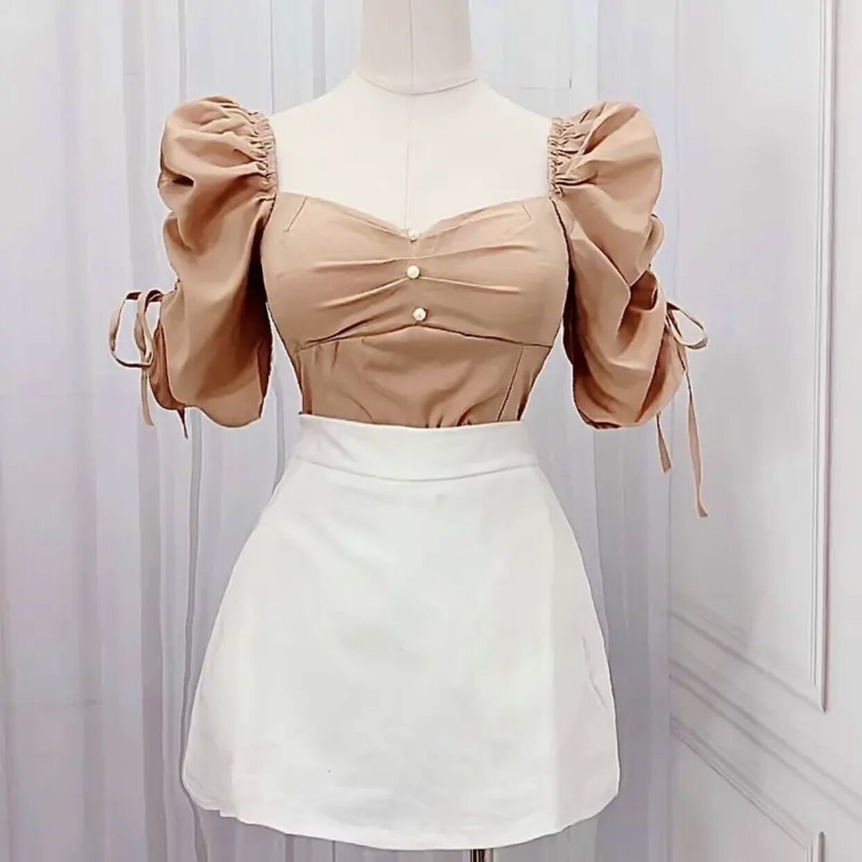 [ MÃ 320 ] ÁO CÚP NGỰC TAY NHÚN PHỒNG ( ẢNH SHOP CHỤP )