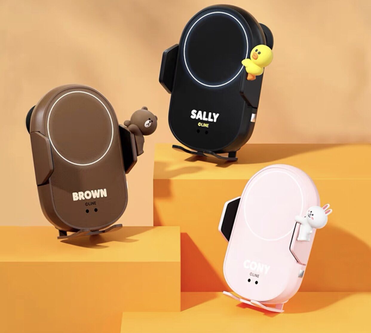 Bộ đế giữ điện thoại tích hợp sạc không dây trên xe hơi Line Friends siêu cute chính hãng