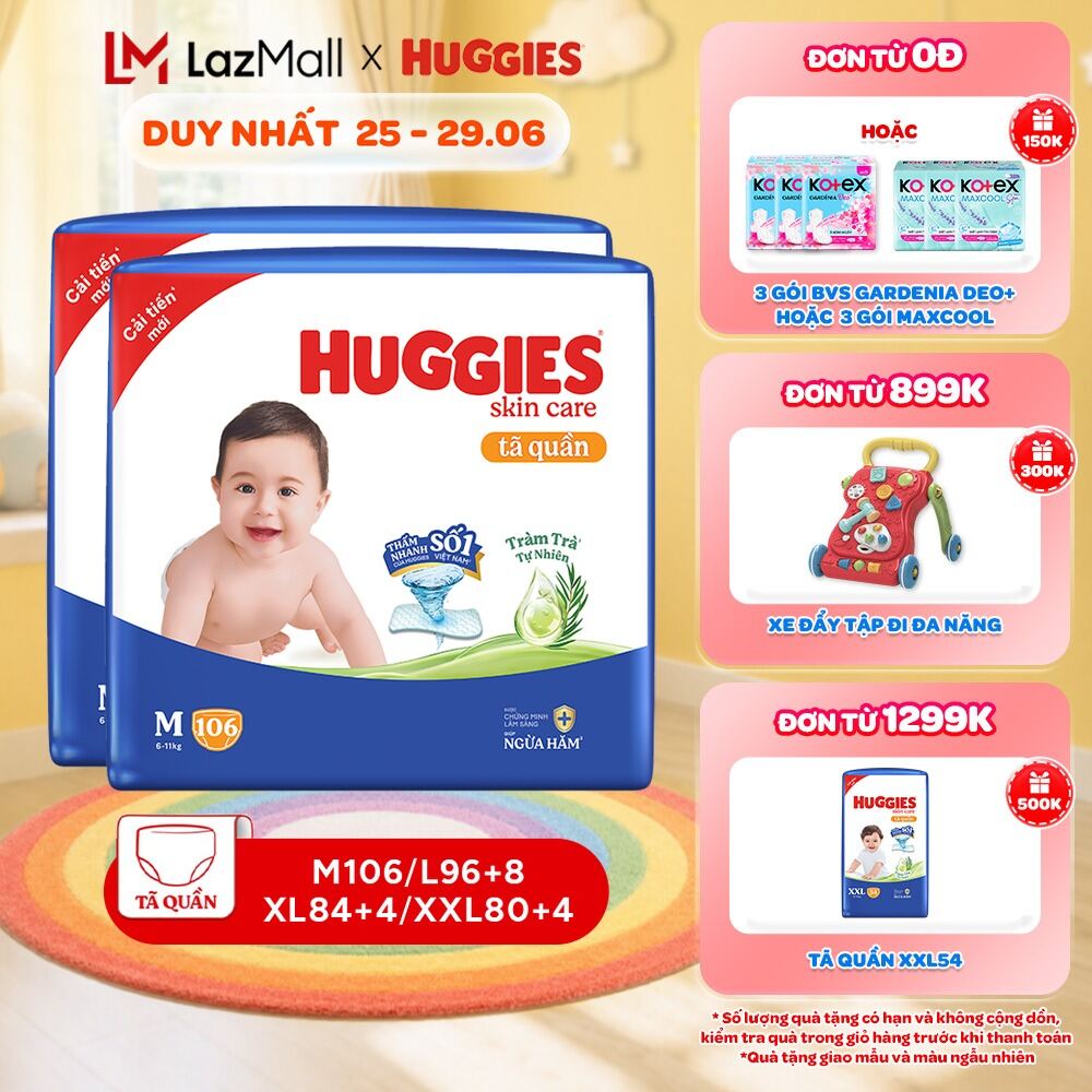 Combo 2 gói Tã/ bỉm quần Huggies Skincare Mega Jumbo M106/L100+4/XL84+4/XXL76+4 với tràm trà dịu da