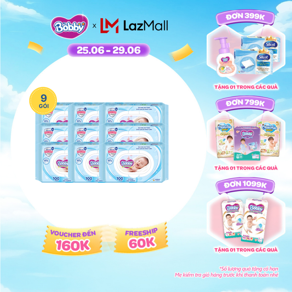 [SALE CUỐI THÁNG tặng QUÀ TO-SLCH]Combo 9 gói khăn ướt Bobby Care không hương 100 miếng/gói