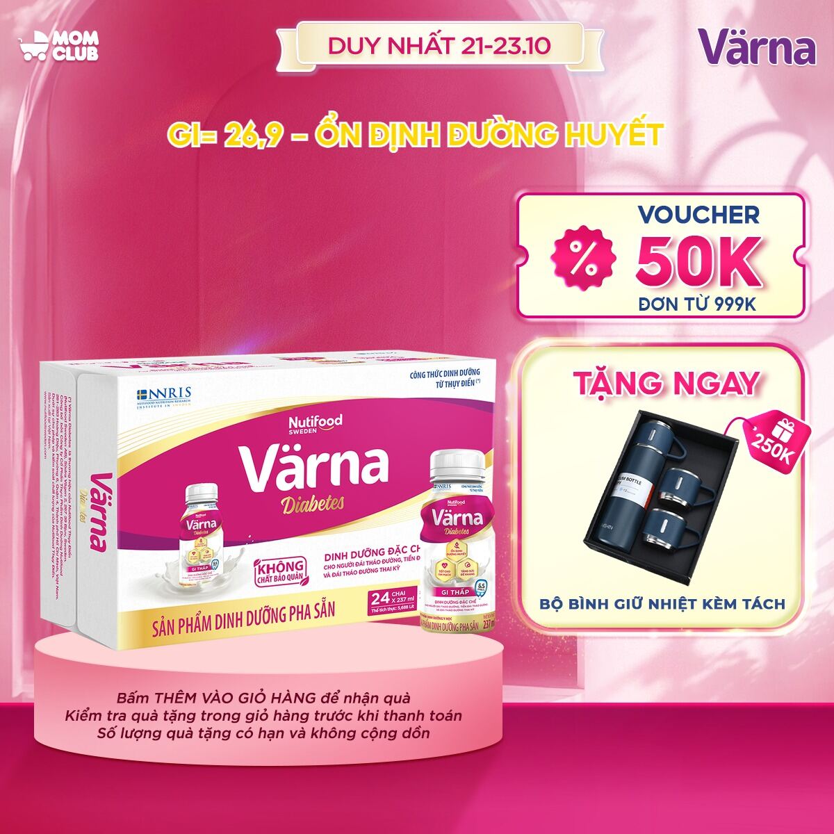 Thùng sữa bột pha sẵn Värna Diabetes - Ổn định đường huyết (GI = 26,9) (24 chai x 237ml) - Varna