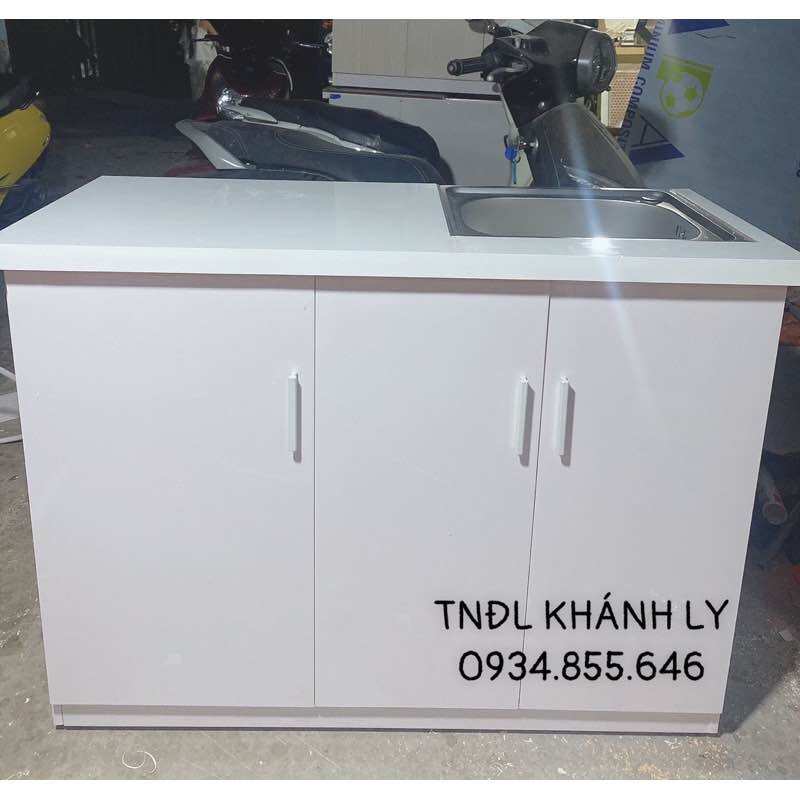Tủ bếp nhựa mini CHDV 105x80 màu trắng có bồn,vòi,mặt bếp dán gạch,dán viền che gạch