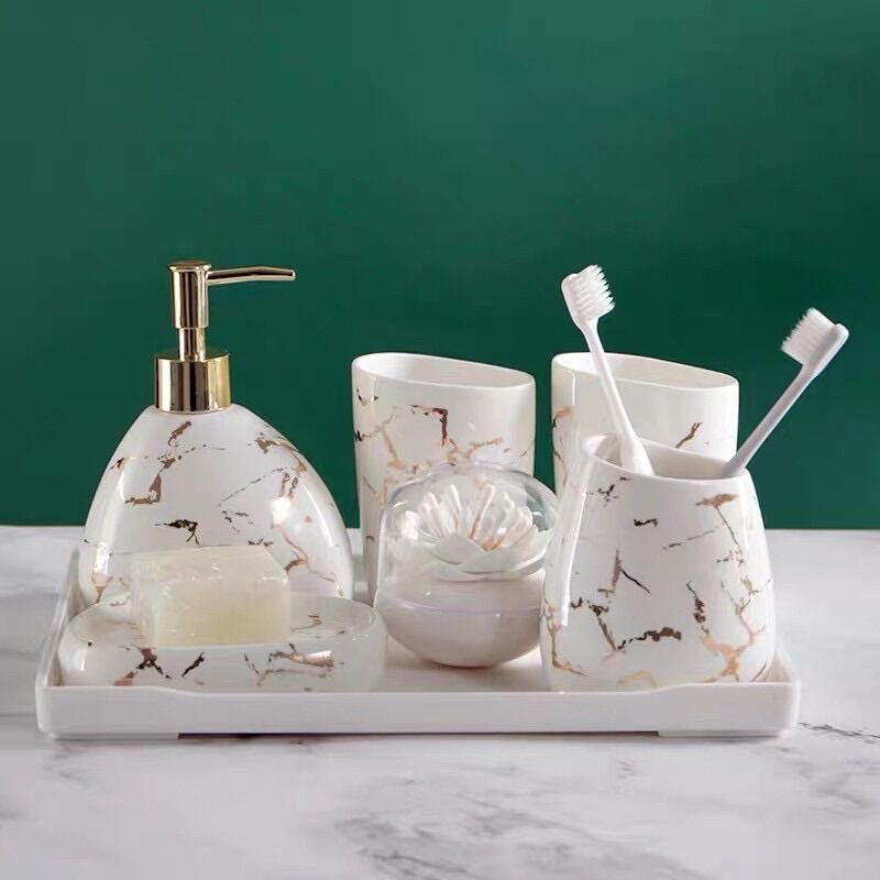 Bộ cốc sứ, lọ nước rửa tay dùng cho phòng tắm, sứ vân đá vàng