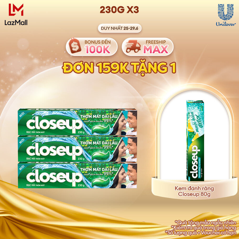 Combo 3 Kem Đánh Răng Closeup Dạng Gel Cho Hơi Thở Thơm Mát Bất Tận Bạc Hà The Mát 230G/Tuýp