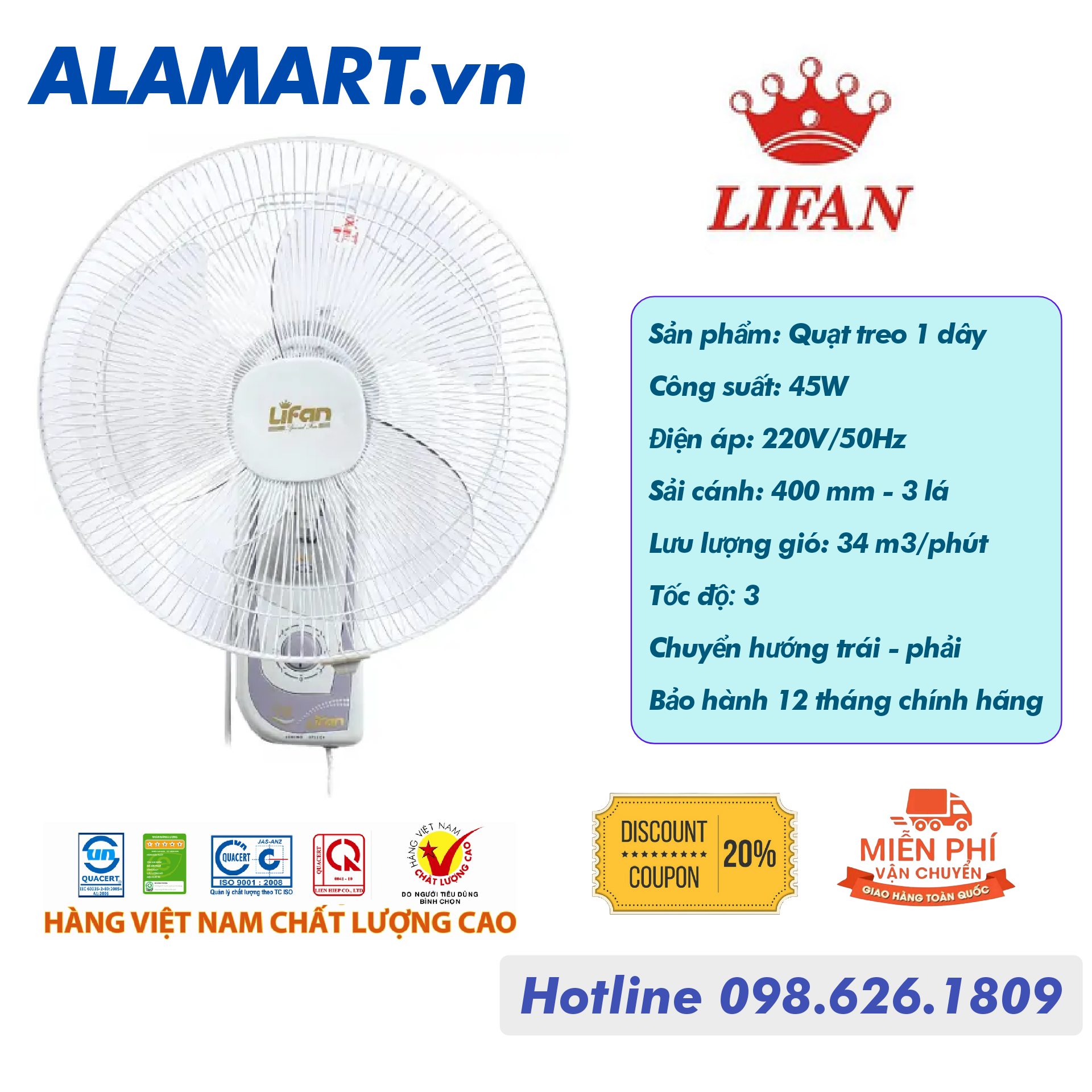 Quạt treo 1 dây giật Lifan T-161 động cơ dây đồng 45w sải cánh 400 mm hoạt động êm ái