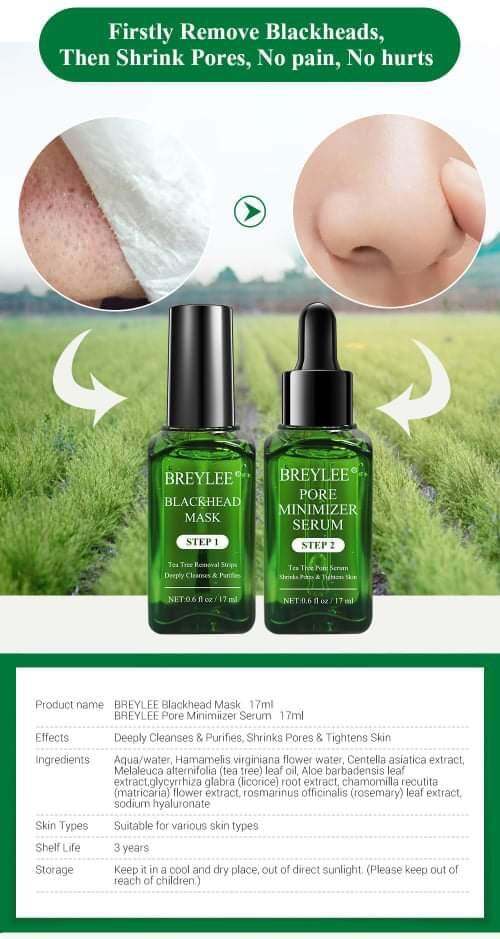 Mặt Nạ Hỗ Trợ Giảm Mụn Đầu Đen BREYLEE 17ml Và Serum Tái Tạo Lỗ Chân Lông BREYLEE 17ml