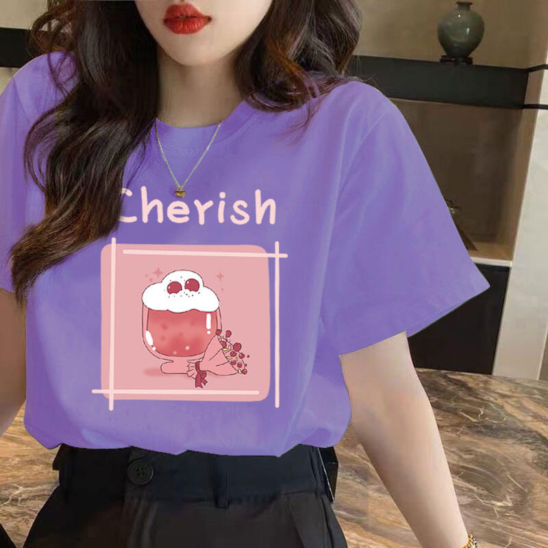 Mùa Hè 2023 Nữ Áo Thun Ngắn Tay Rộng Rãi Fit In Hình Trắng Phong Cách Cơ Bản Thoải Mái Cổ Tròn Áo Polyester Spandex Pha Trộn