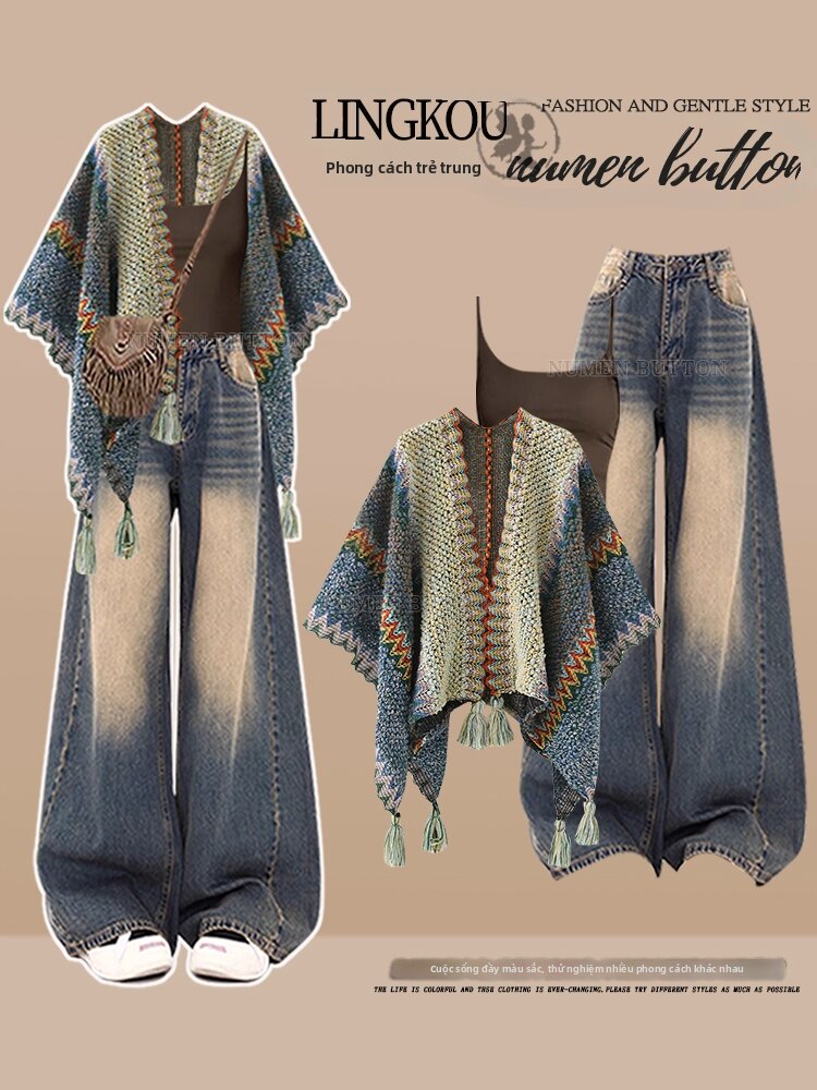 NUMEN BUTTON | Bộ Áo Kniết Dân Tộc Phong Cách Retro Giảm Cân, Áo Quây và Quần Jeans eo Cao