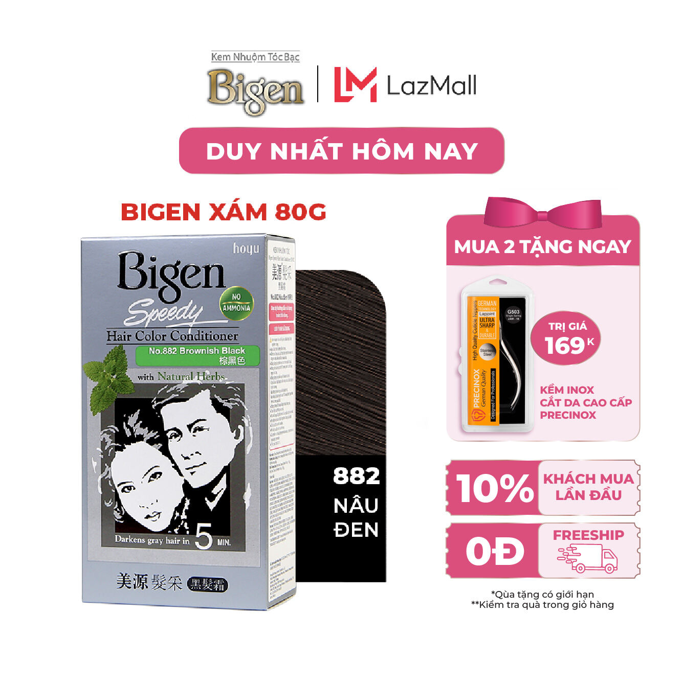 Thuốc Nhuộm Tóc Phủ Bạc Dạng Kem Bigen Speedy - Bigen Xám Bền Màu, Phủ Bạc Thảo Dược Hoàn Hảo Dưỡng Tóc Mềm Mượt 80ml - Nâu Đen 882