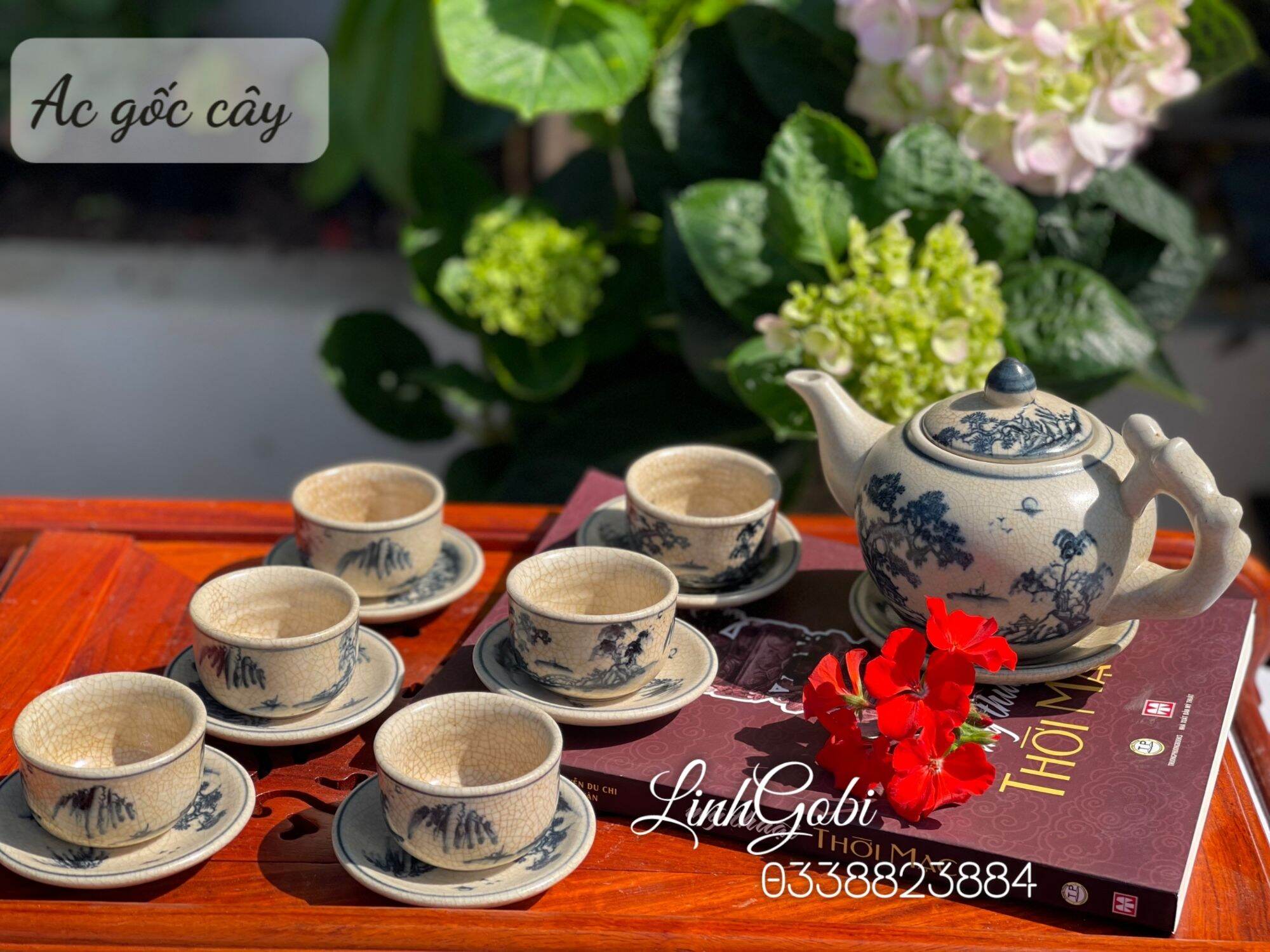 Bộ ấm chén men rạn cổ dáng gốc cây , ấm chén cổ , ấm chén bát tràng