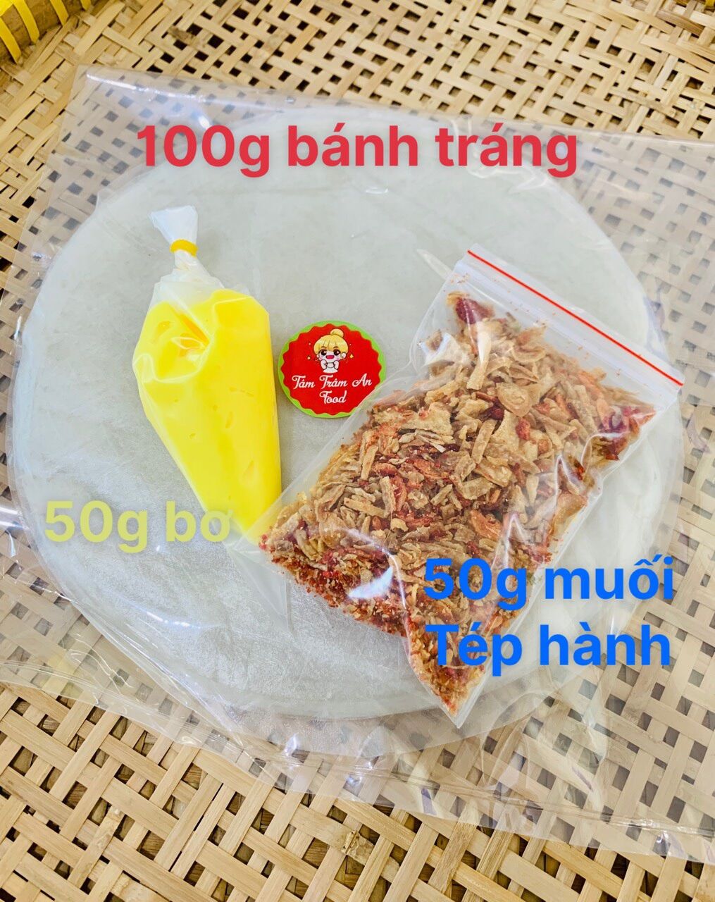 Bánh tráng phơi sương 100g, 50g bơ béo, 50g muối ruốc hành phi