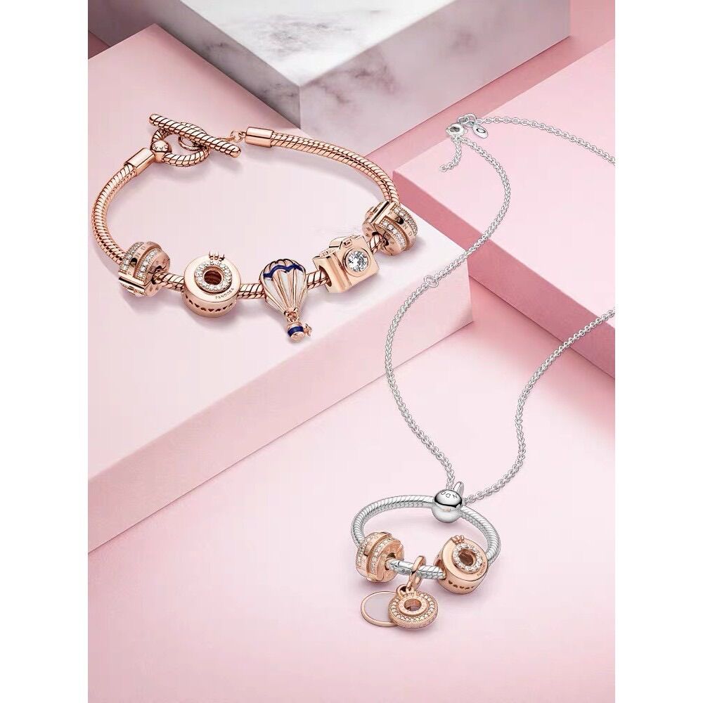 HẠT CHARM PAN ALE VÀNG HỒNG ĐÍNH ĐÁ GIỮA BẠC S925