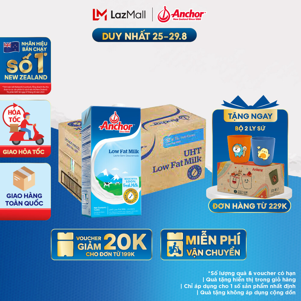 [GIAO HÀNG HỎA TỐC - HCM] Thùng 12 Hộp Sữa Tươi Tiệt Trùng Anchor Ít Béo Hộp 1 Lít