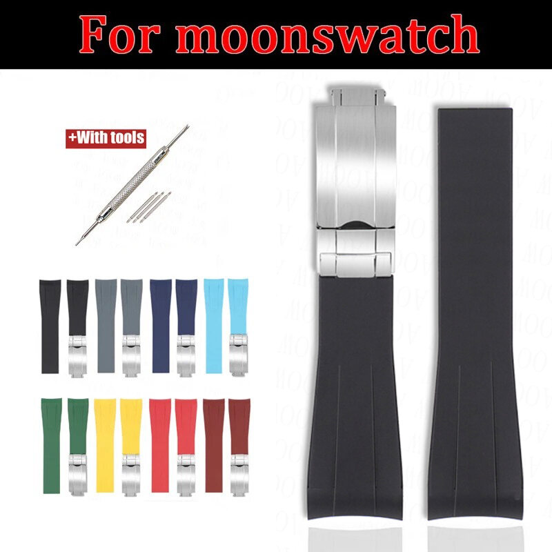 Cao Su Cong Dây Đồng Hồ Dây Thép Không Gỉ Khóa Gấp Cho Omega Swatch Moonswatch Rolex Nam Nữ Tpu Dây 20mm