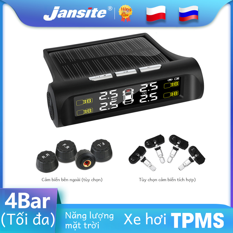 Jansite Xe Tpms Hệ Thống Giám Sát Áp Suất Lốp Sạc Năng Lượng Mặt Trời Tự Động Hệ Thống Báo Động Với 4 Cảm Biến HD Màn Hình Hiển Thị LCD Kỹ Thuật Số Không Dây