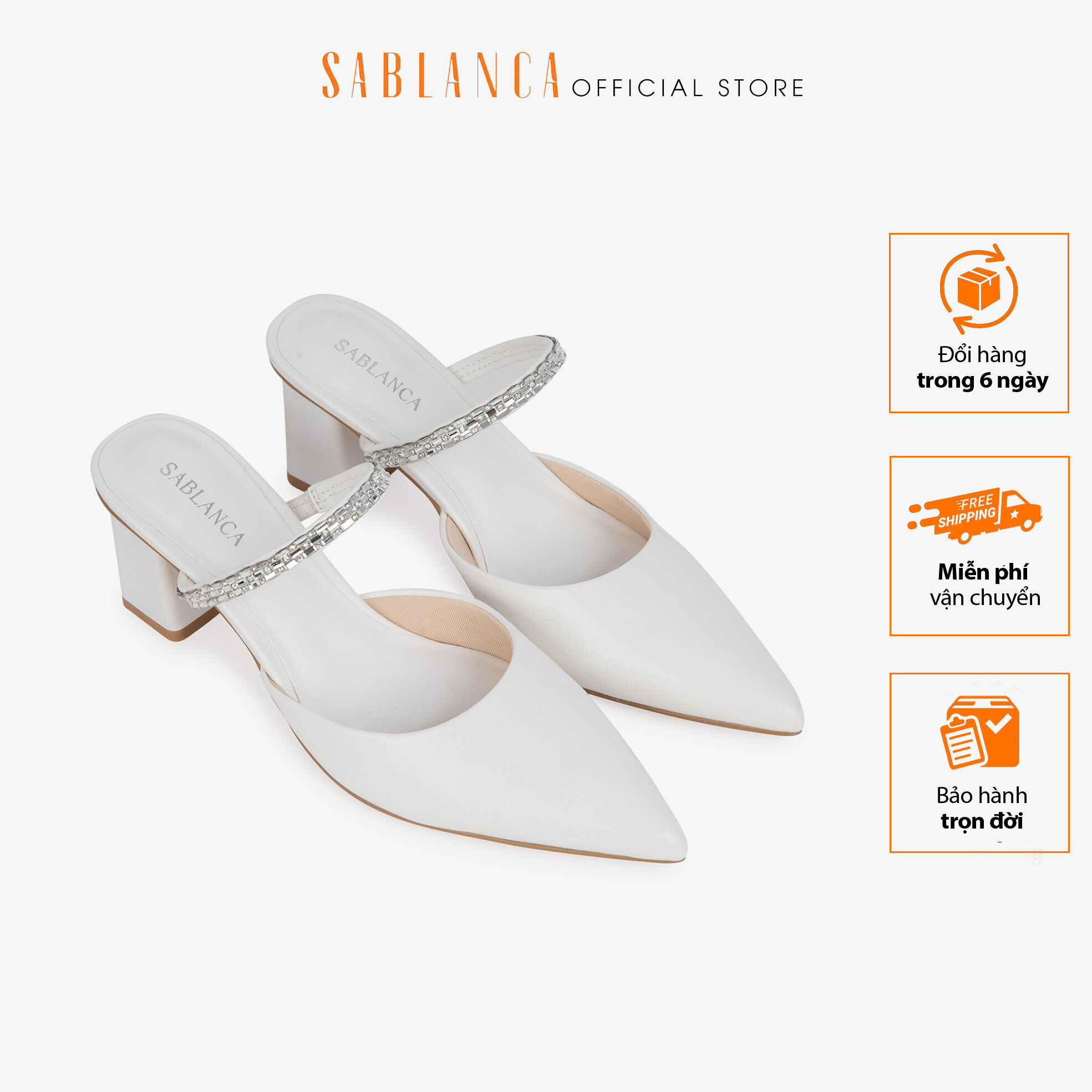 Guốc cao gót 5cm đế trụ mũi nhọn quai ngang đính cườm thanh lịch SABLANCA GN0054