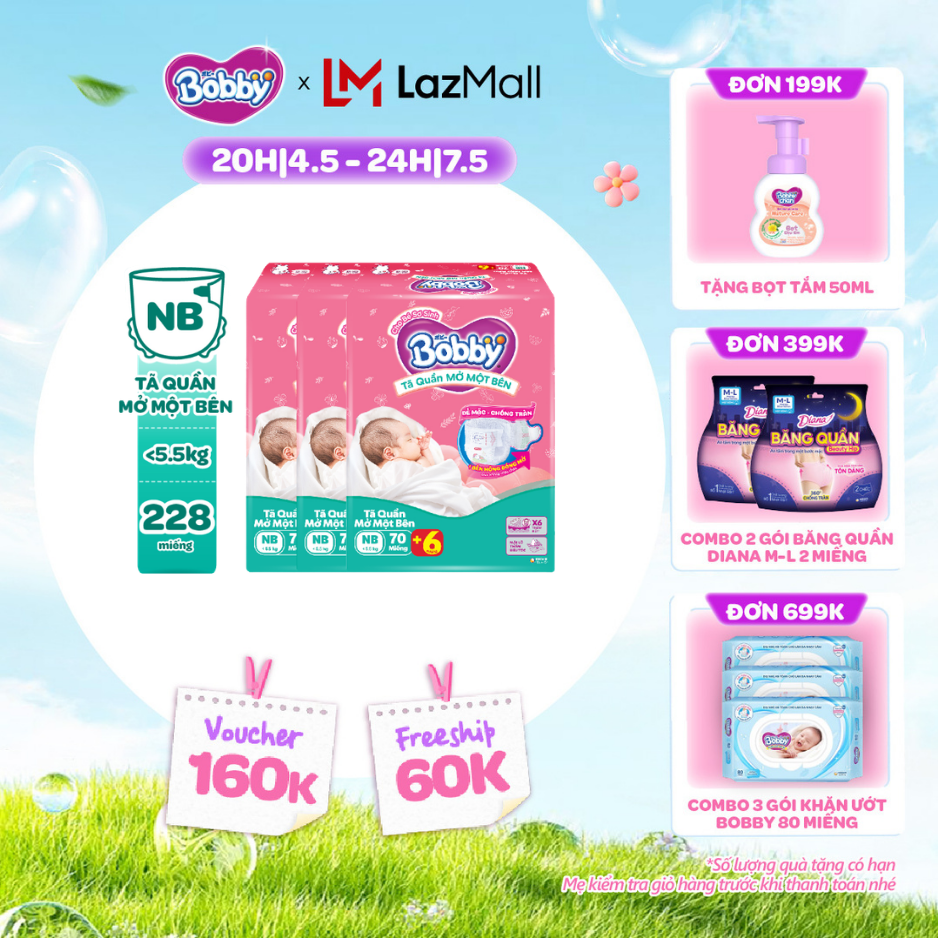 [CHỈ 20h 04-07.05 QT Đơn 899K/1199K][MỚI][TẶNG MIẾNG] Combo 3 gói tã quần mở một bên Bobby dành cho bé sơ sinh size NB70+6