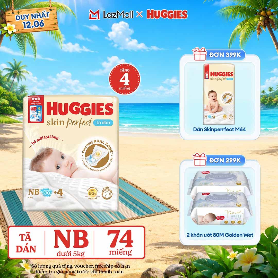 Tã/bỉm dán sơ sinh Huggies Skin Perfect NB70+6 miếng với 2 vùng thấm giảm kích ứng da