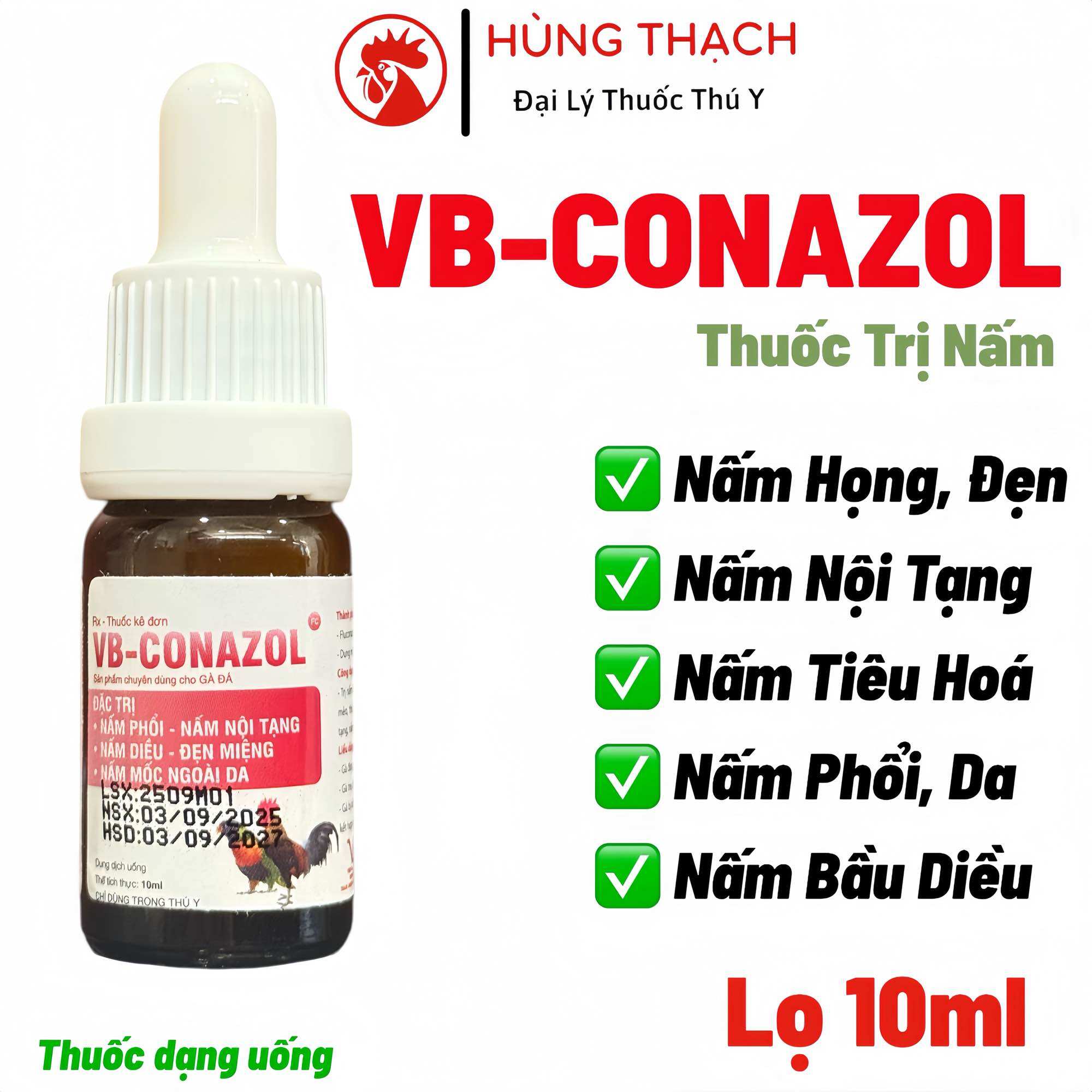 VB Conazol 10ml Thuốc uống trị nấm họng, đẹn miệng, nấm tiêu hoá, nấm phổi, nấm da trên gà, thỏ