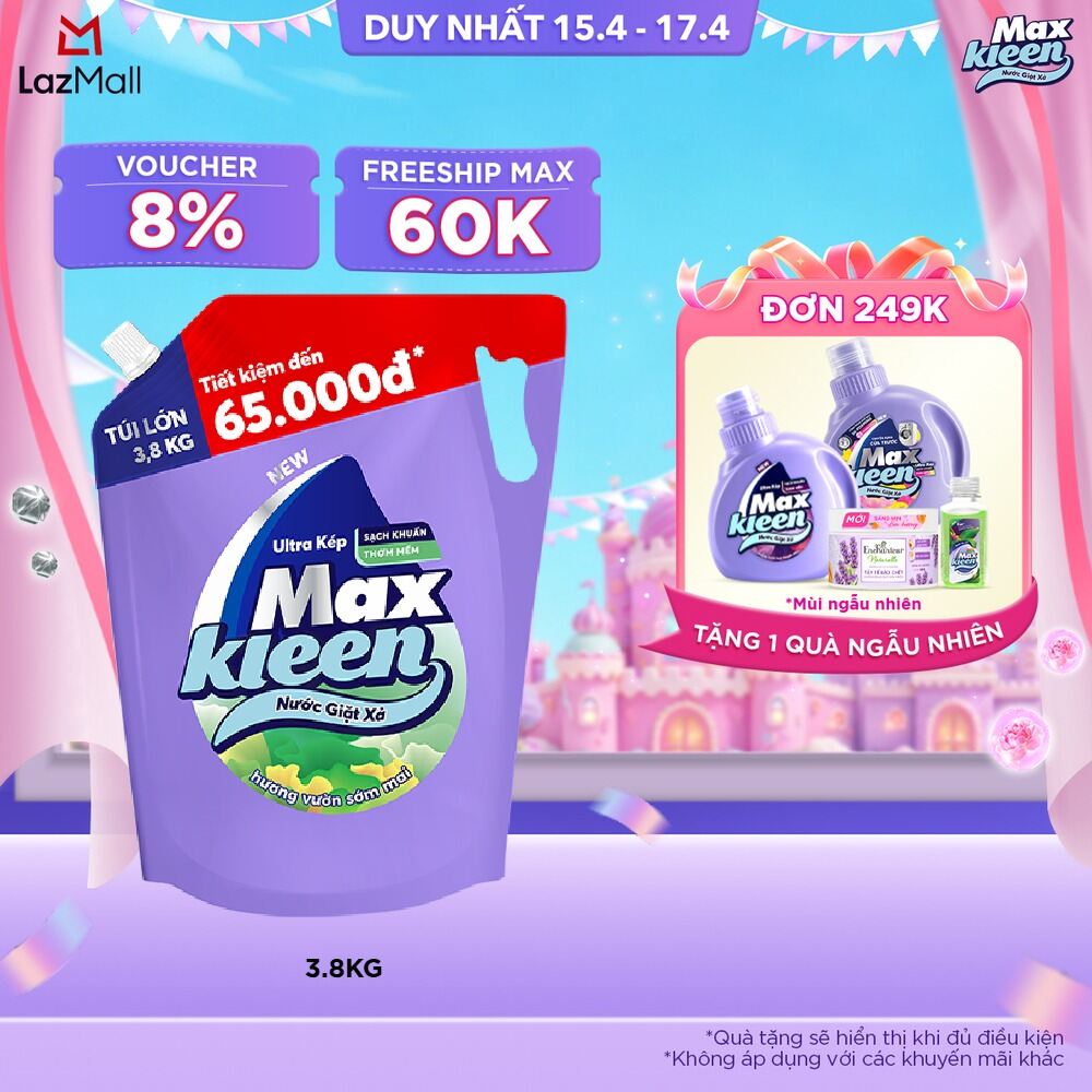 Túi Nước Giặt Xả MaxKleen 3.8kg/ 3.6kg (Huyền Diệu/ Hoa Nắng/ Vườn Sớm Mai/ Thiên Nhiên)