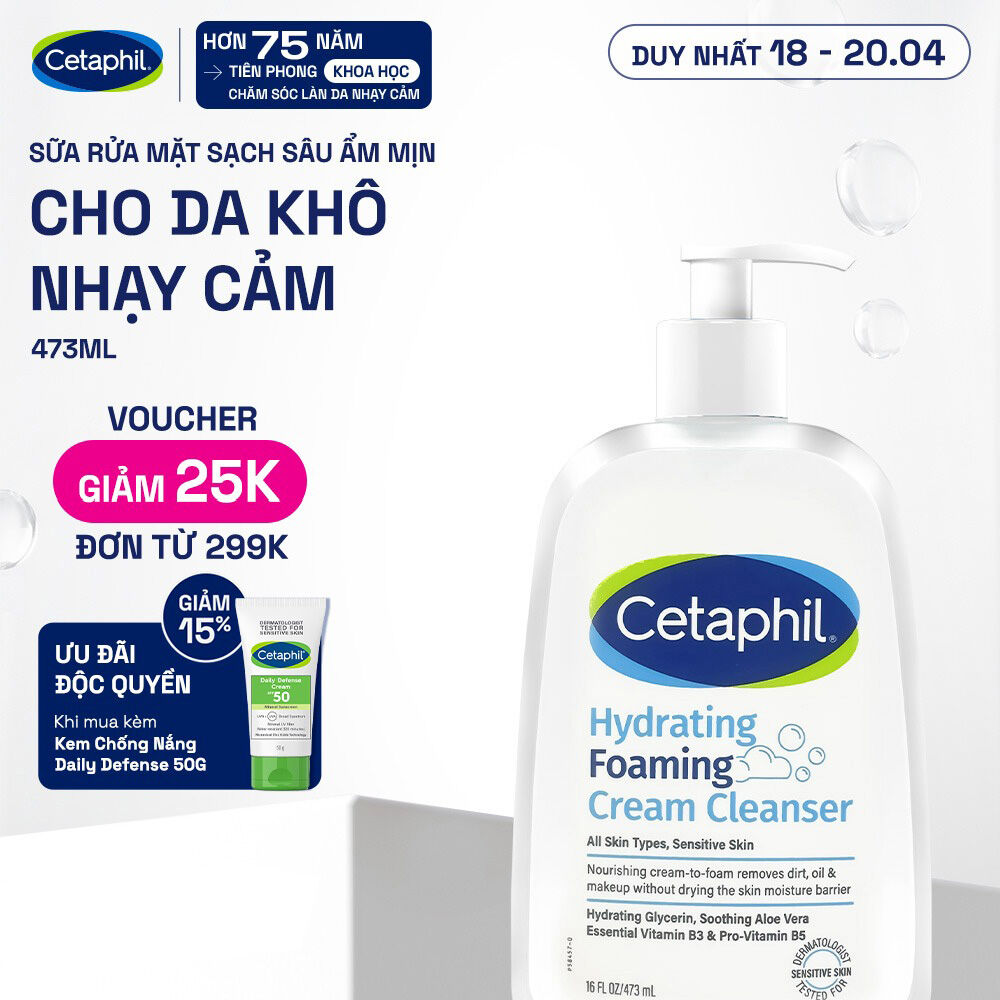 Sữa rửa mặt tạo bọt dịu lành cho da khô nhạy cảm Cetaphil Hydrating Foaming Cream Cleanser 473ml