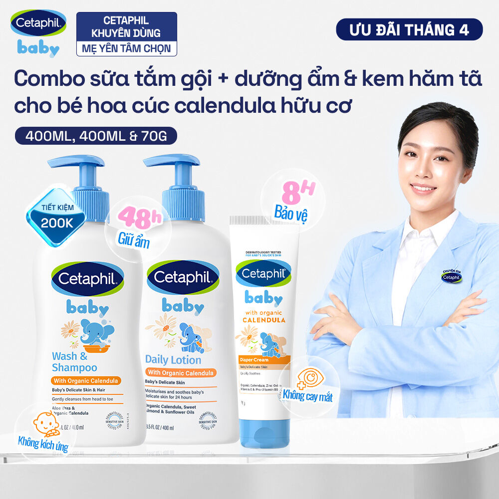 Bộ Sữa tắm gội 400ML + Sữa dưỡng ẩm 400ML + Kem chống hăm tã 70G CETAPHIL BABY WITH ORGANIC CALENDULA