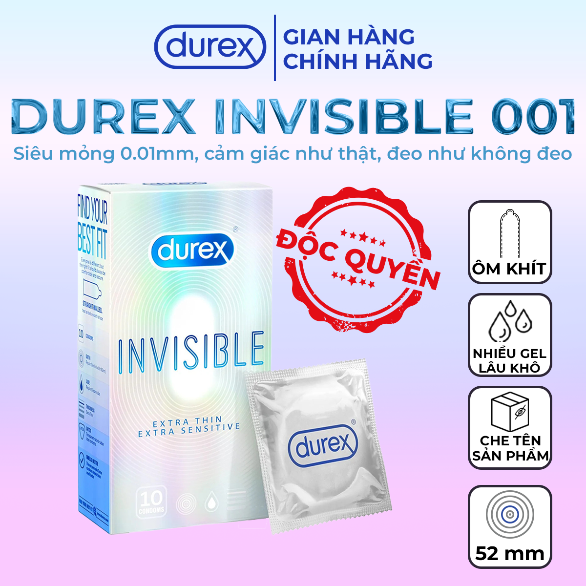 Bao cao su durex invisible siêu mỏng 0.01mm hộp 12 cái size 52mm invisible extra thin extra sensitive - ba con sói for man