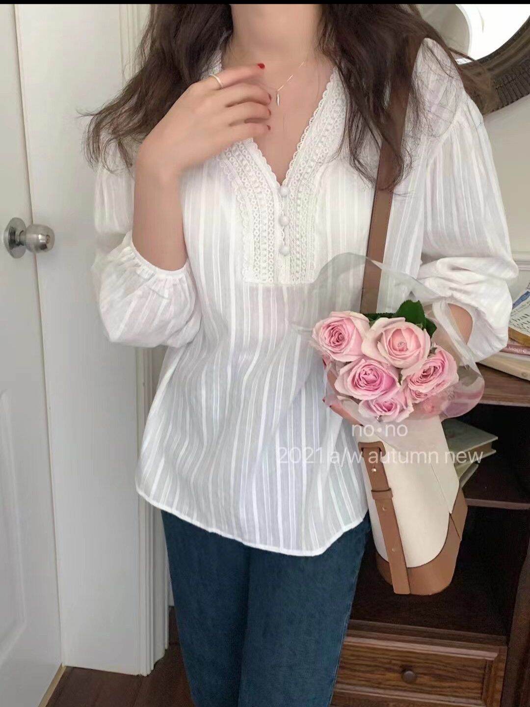 áo sơ mi kiểu cổ v cúc bọc vintage ảnh thật