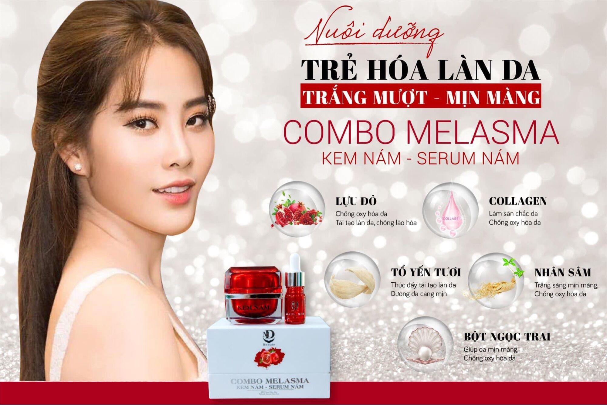 COMBO MELASMA - KEM NÁM SERUM NÁM KEM NÁM LỰU ĐỎ MD BEAUTY