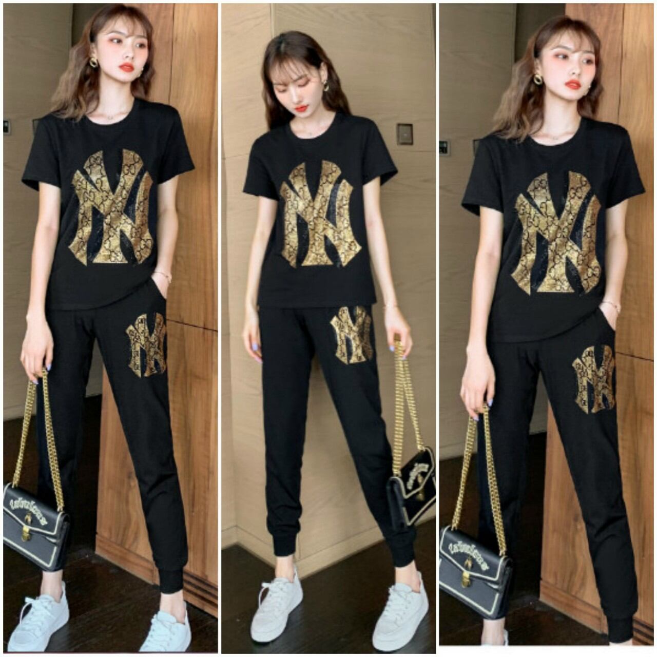 Sét đồ bộ thể thao nữ thời trang in nhũ logo siêu sang thời trang bộ cao cấp