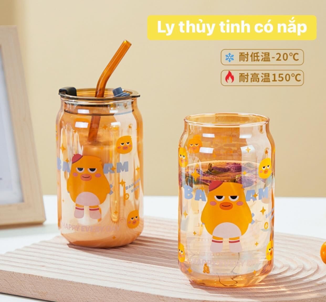Ly thủy tinh có nắp kèm ống hút